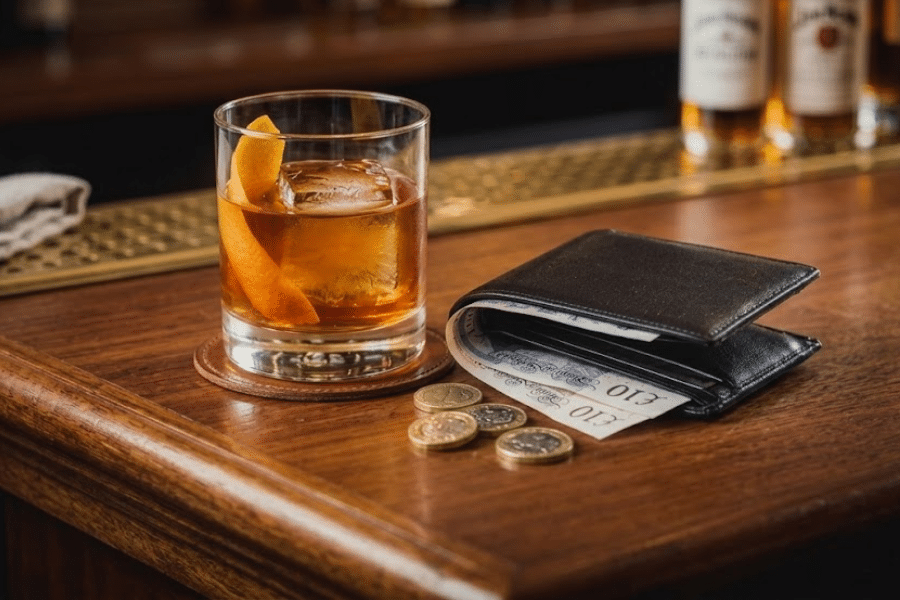 A cocktail on a polished bar top with a wallet next to it